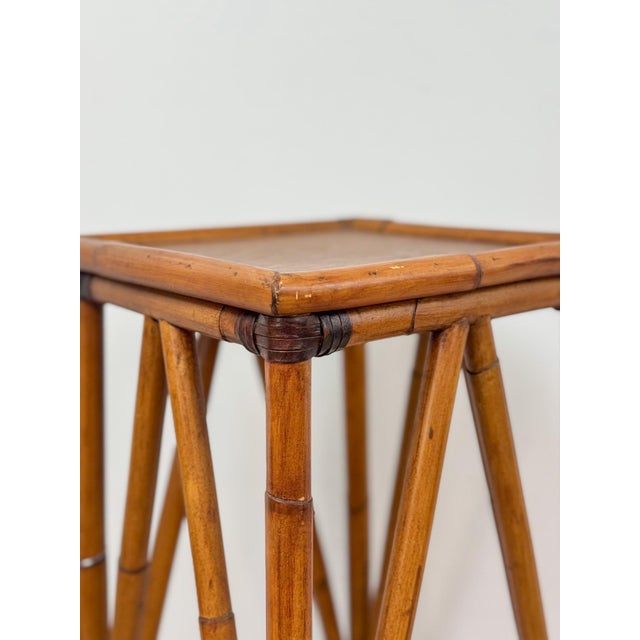 Brown Coastal Boho Tall Bamboo Plant Stand Warm Finish Pedestal Display For Sale - Image 8 of 9