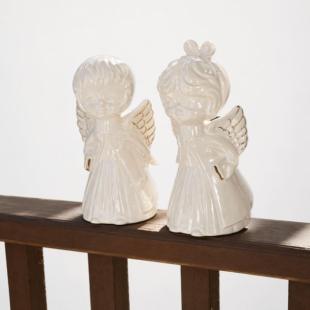 White Vintage Porcelain Angel Figurines Pair Gold Trim Boy Girl Cherub Set of 2 For Sale - Image 8 of 8
