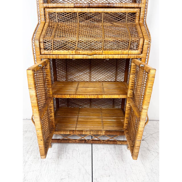 Wood Vintage Woven Wicker Etagere Cabinet Hutch For Sale - Image 7 of 12