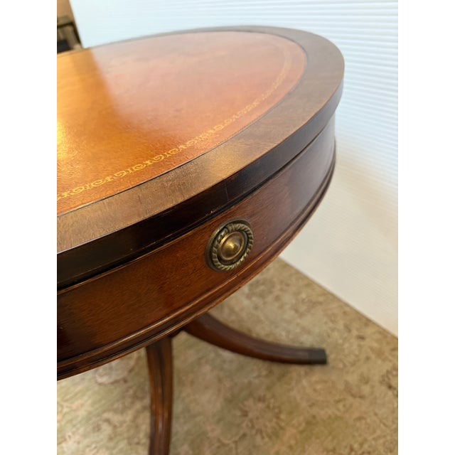 Vintage Brandt Furniture Duncan Phyfe Styled Tooled Leather Drum Table For Sale In San Francisco - Image 6 of 12