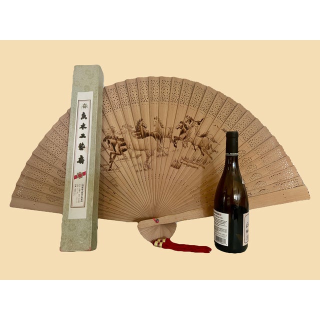Chinoiserie The Eight Wild Horses Large Chinese Sandalwood Fan, Boxed For Sale - Image 3 of 9