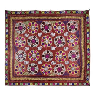 9x10.2 Ft One of a Kind Vintage Silk Embroidery Bed Cover. Red Wall Hanging For Sale