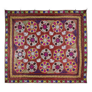 9x10.2 Ft One of a Kind Vintage Silk Embroidery Bed Cover. Red Wall Hanging