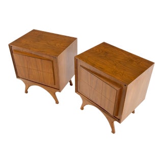 Sculpted Fronts Legs Walnut Mid-Century Modern Nightstands End Tables - A Pair For Sale