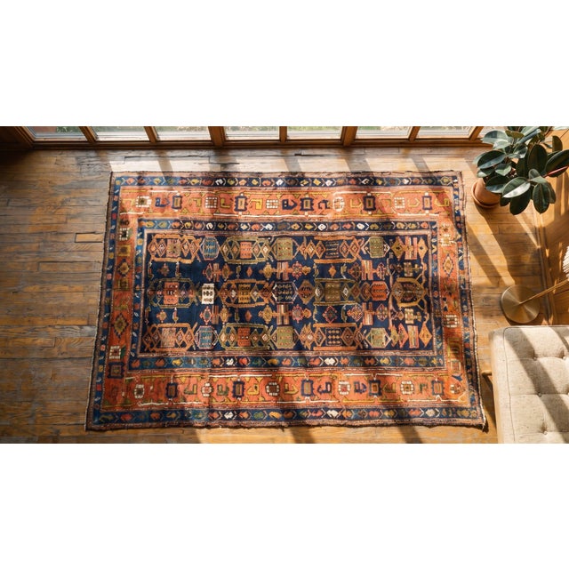 Textile 1930s Blue Navy Geometric Tribal Antique Persian Kurdish Rug 4'9" X 6'10" Hand Knotted Wool Carpet For Sale - Image 7 of 8
