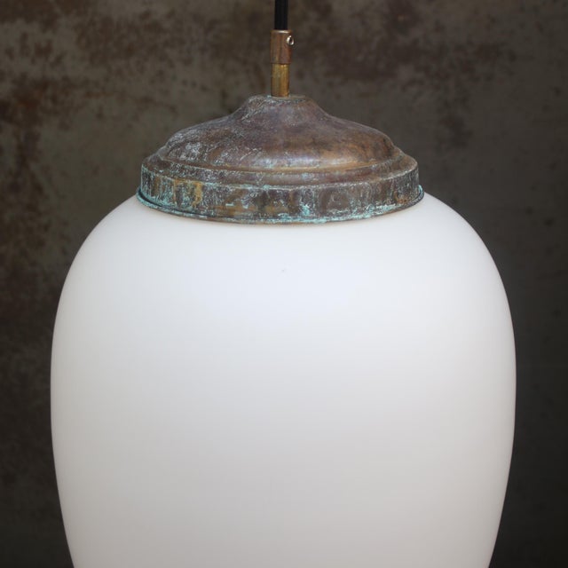 Metal Aged Brass and White Mat Opaline Glass Pendant Light For Sale - Image 7 of 9