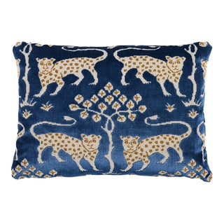 Schumacher Woodland Leopard Velvet 16" Pillow in Sapphire For Sale