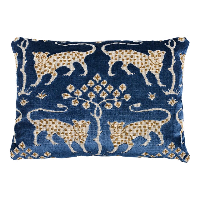 Schumacher Woodland Leopard Velvet 16" Pillow in Sapphire For Sale