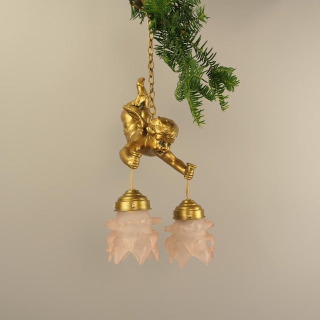 Gilded Metal Angel Figure Ceiling Light, 1910s For Sale - Image 3 of 11