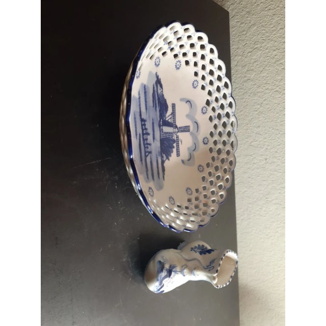Blue 1980s Delfts Holland Reticular Decorative Bowl and Toothpick Holder - 2 Pieces For Sale - Image 8 of 10