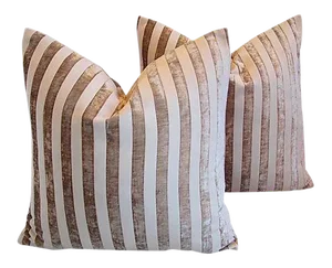 French Velvet Striped Feather/Down Pillows 24" Square - Pair