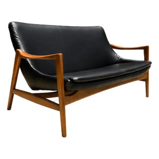 Modern Mid Century Style Sofa Black Leather Walnut Frames For Sale