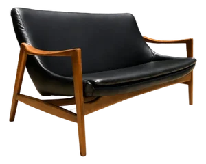 Modern Mid Century Style Sofa Black Leather Walnut Frames