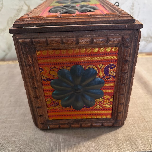 Brown Vintage Wood, Fabric, and Metal Jewelry Storage Box India For Sale - Image 8 of 11