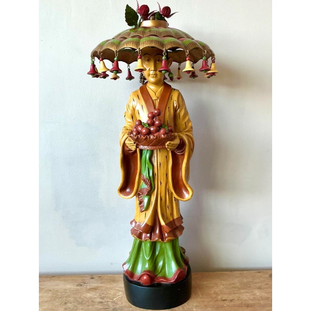 Vintage Asian Carved Asian Figure With Umbrella Hat For Sale In West Palm - Image 6 of 6