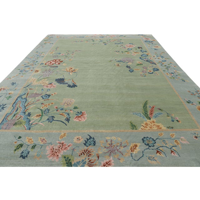 2010s Rug & Kilim’s Oversized Chinese Art Deco Style Floral Rug in Green and Blue For Sale - Image 5 of 7