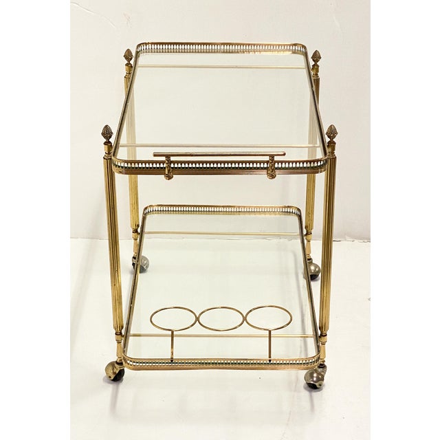 Mid 20th Century French Two-Tiered Rolling Drinks Cart of Brass and Glass For Sale - Image 5 of 8