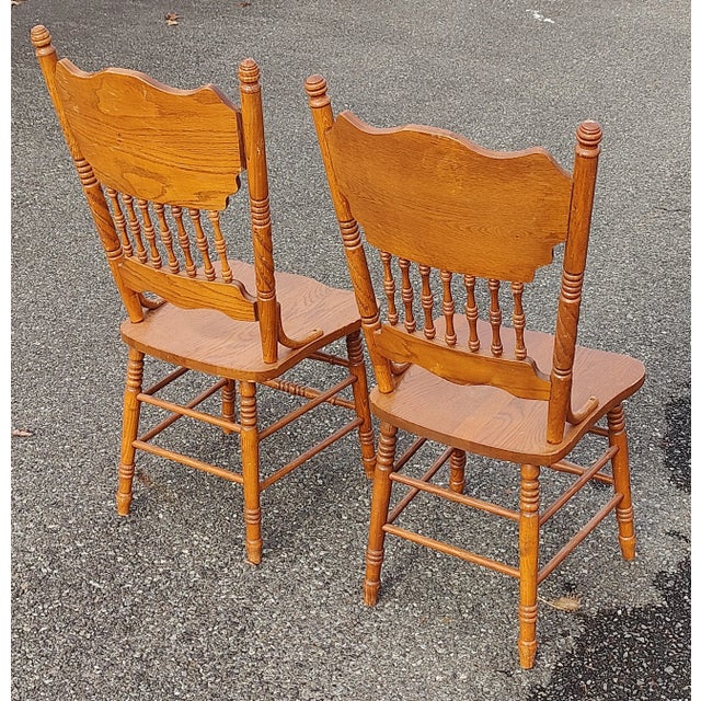 Traditional Mid 20th Century Vintage Solid Wood Carved Pressed Back Dining Chairs, Set of 2 For Sale - Image 3 of 8