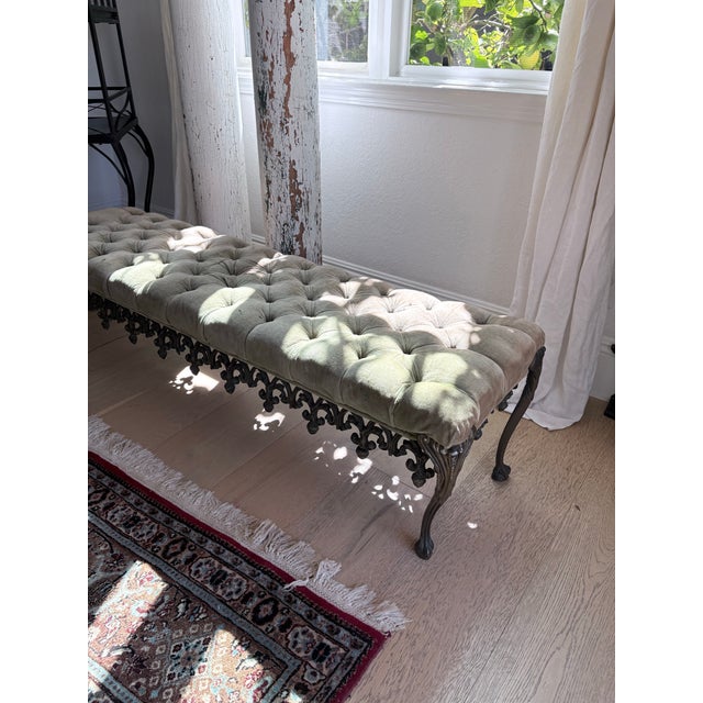Asparagus Vintage Hollywood Regency Tufted Velvet Bench With Ornate Metal Base For Sale - Image 8 of 12