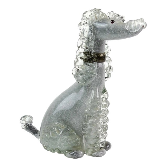 Vintage Murano Barbini Label Gray Black Gold Flecks Italian Art Glass Poodle Puppy Dog Figure Sculpture For Sale
