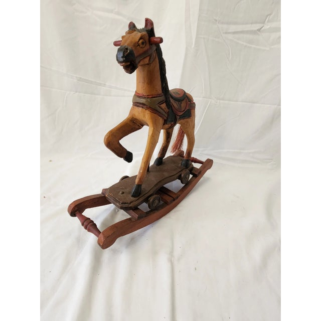 Vintage 1950's Wooden Hand Craved Carousel Rocking Horse With Horsehair Tail For Sale - Image 6 of 12