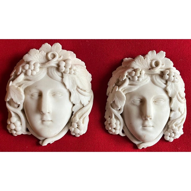 Pair antique English Regency carved white statuary marble masks or wall plaques - classical youths with grapevine hair....