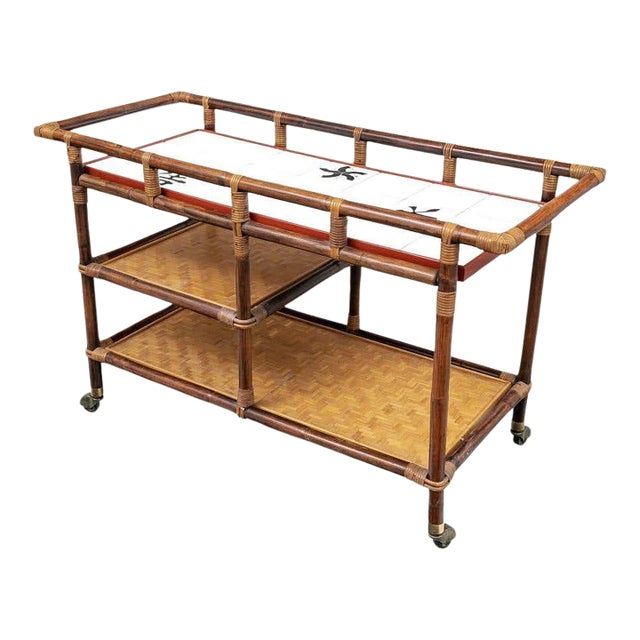 1960s Mid-Century Attributed to ~ John Wisner Tile Top Bar Cart for Ficks Reed For Sale