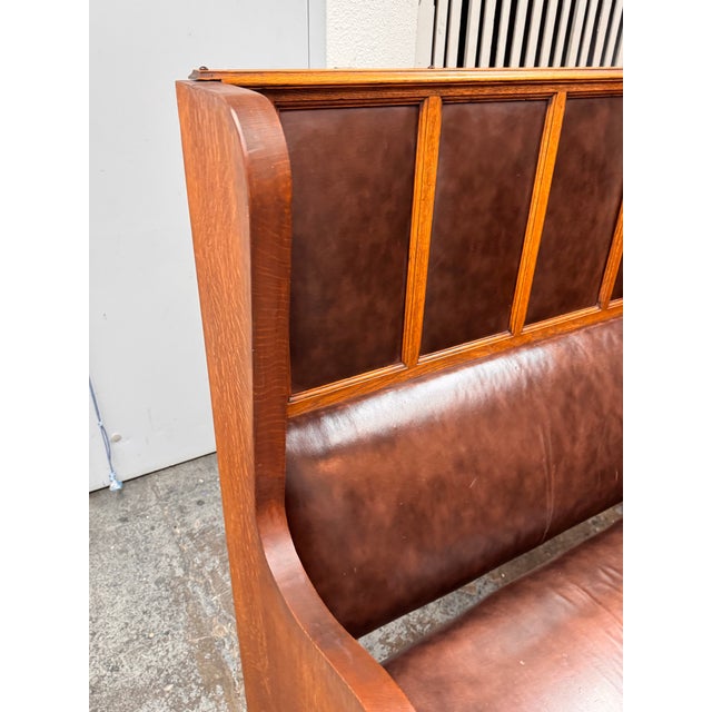 Antique High-Back Oak + Leather Settle Bench For Sale - Image 11 of 12