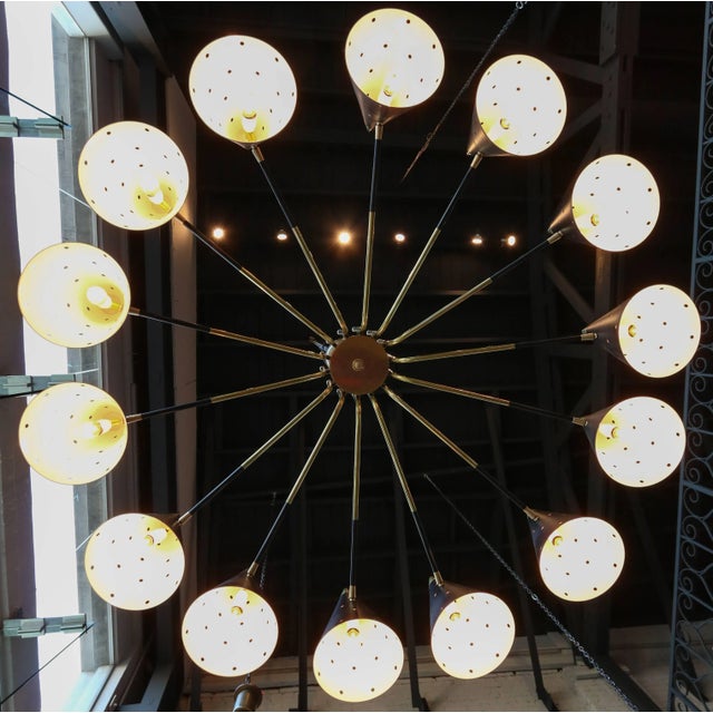 Midcentury Style Brass Chandelier With Black Perforated Shades For Sale In Los Angeles - Image 6 of 9