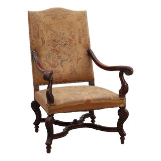 Carved Walnut Armchair with Scrolling and Tapestry Upholstery, France, 1800 For Sale