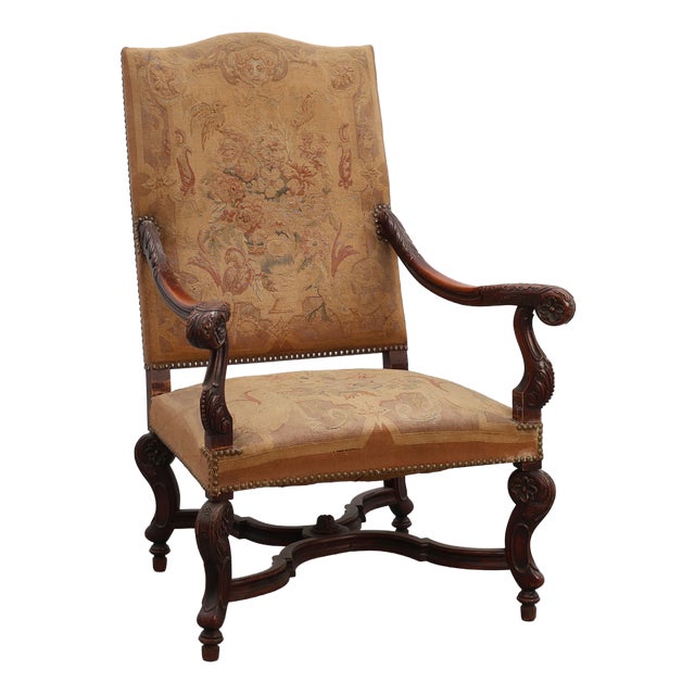 Carved Walnut Armchair with Scrolling and Tapestry Upholstery, France, 1800 For Sale