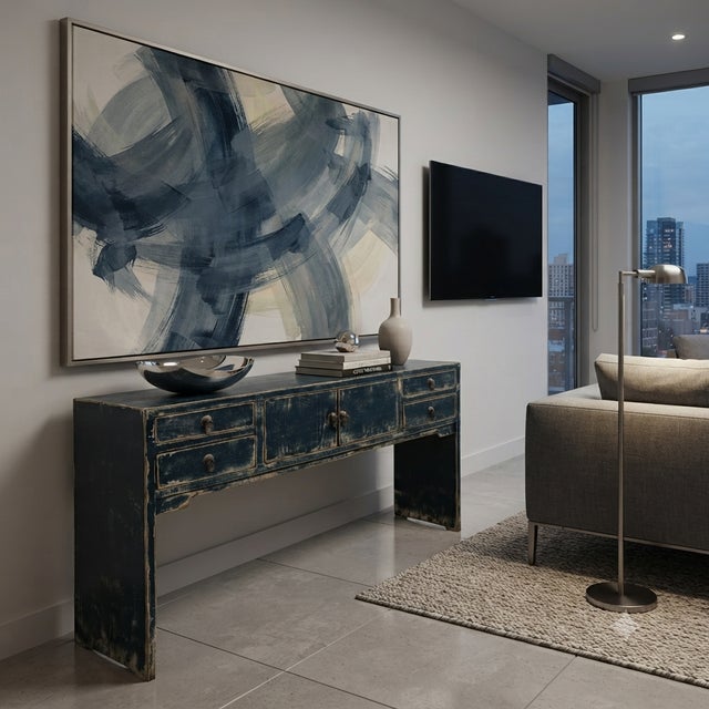 53" Distressed Dark Ink-Blue Drawers Narrow Console Credenza Table For Sale - Image 4 of 14