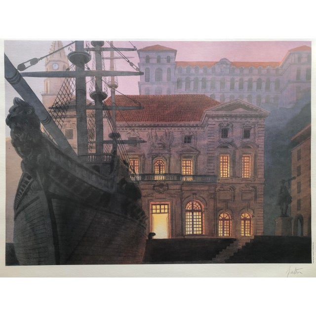 Framed Lithograph Sea Port, Hand Signed For Sale - Image 4 of 6