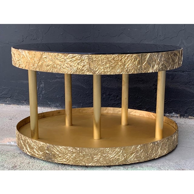Bronze and Metal Round Center Table with Black Glass and Base with Light For Sale - Image 4 of 18