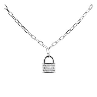 .925 Sterling Silver 1/4 Cttw Diamond Lock 16" Pendant Necklace with Paperclip Chain (H-I Color, SI2-I1 Clarity) For Sale