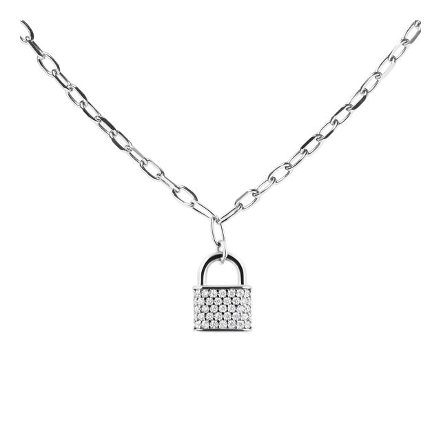 .925 Sterling Silver 1/4 Cttw Diamond Lock 16" Pendant Necklace with Paperclip Chain (H-I Color, SI2-I1 Clarity) For Sale