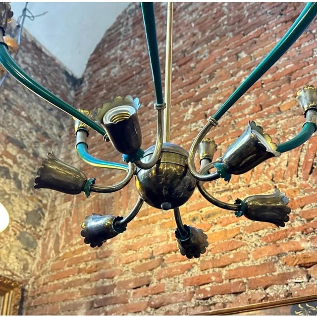 Stilnovo 1960s Mid-Century Modern Green Painted Metal and Brass Italian Chandelier For Sale - Image 4 of 9