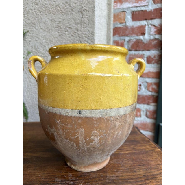 Ceramic Pair Antique Provincial French Yellow Glazed Pottery Confit Pot Urn Vase Vessel For Sale - Image 7 of 13