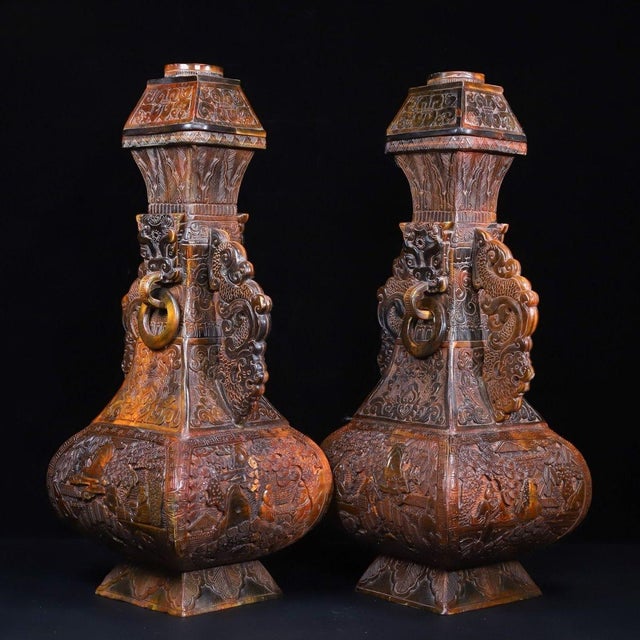 1930s Carved Horn "Landscape & Figure" Vase With Beast-Head Ring Handles — Detailed Relief For Sale - Image 4 of 10