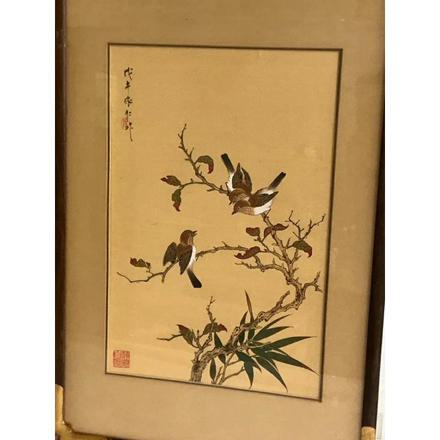 Chinese Pair of Vintage Chinese Bird & Flower Silk Paintings, Signed Yiren For Sale - Image 3 of 18