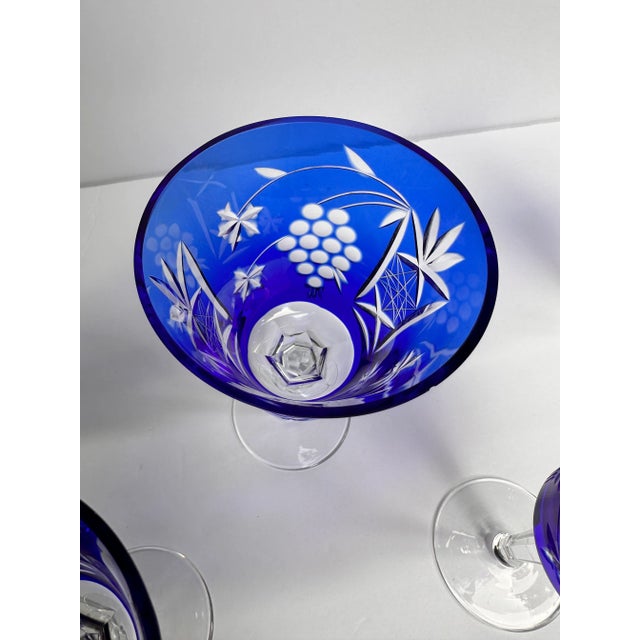 Cobalt Blue Cut to Clear Crystal Glasses- Set of 5 For Sale - Image 6 of 11