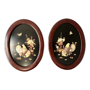Antique Japanese Shibayama Mother of Pearl & Bone Bird Panels