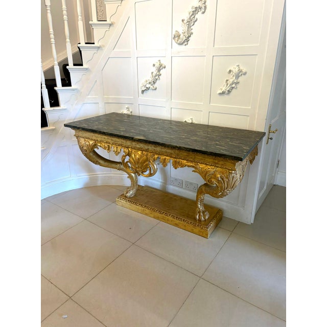 Antique Baroque Revival Italian Giltwood Console Tables with Breccia Marble Tops and Lion's Paw Supports, 1850s, Set of 2 For Sale - Image 4 of 15