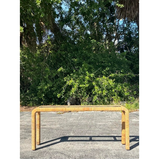 Wood Vintage Coastal Wrapped Rattan Waterfall Console Table For Sale - Image 7 of 9