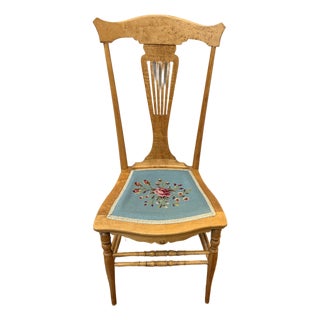 Antique Bird’s-Eye Maple Side Chair With Lyre Back & Hand Needlepoint Floral Seat, C. 1900 For Sale