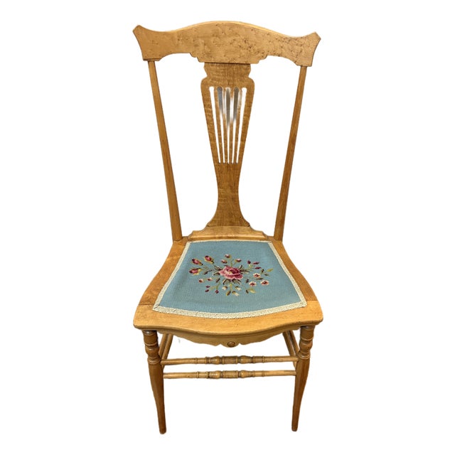 Antique Bird’s-Eye Maple Side Chair With Lyre Back & Hand Needlepoint Floral Seat, C. 1900 For Sale