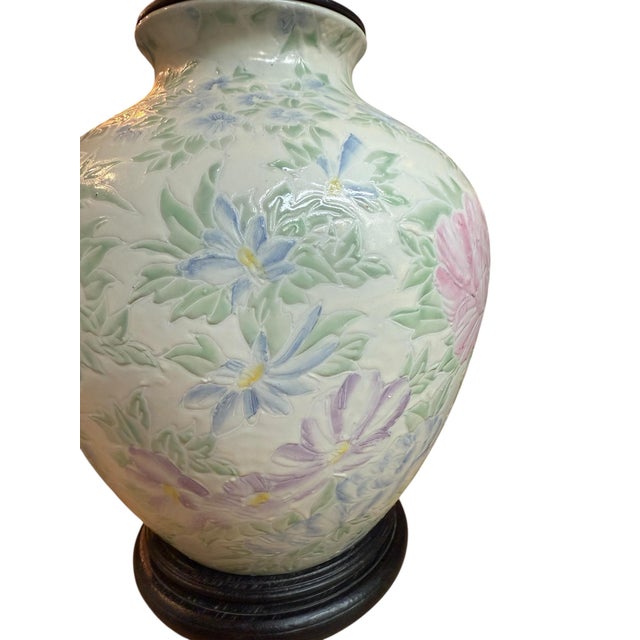 Pink 1970s Chinoiserie Table Lamp Ginger Jar Ceramic Floral Painted Famille Rose For Sale - Image 8 of 12