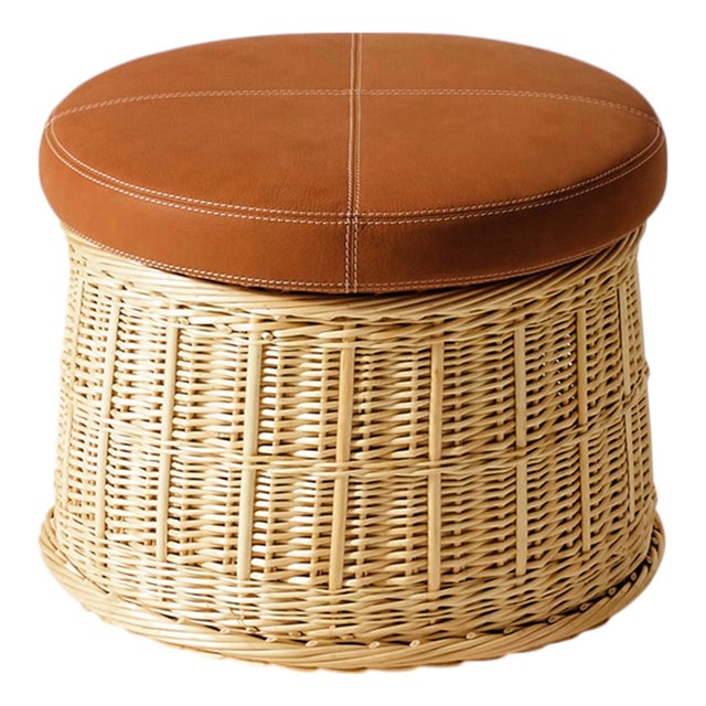 Hotte Rattan and Leather Pouf by Philippe Starck for Cassina For Sale
