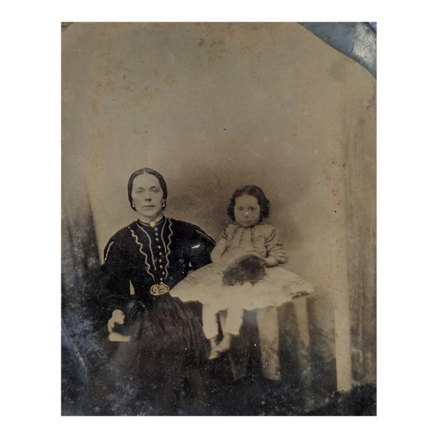 Large Antique Tintype Woman & Child Hand Colored Photograph For Sale