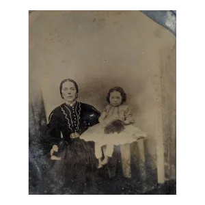 Large Antique Tintype Woman & Child Hand Colored Photograph